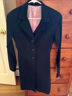 Black Women's Long Button Coat with Pink Lining